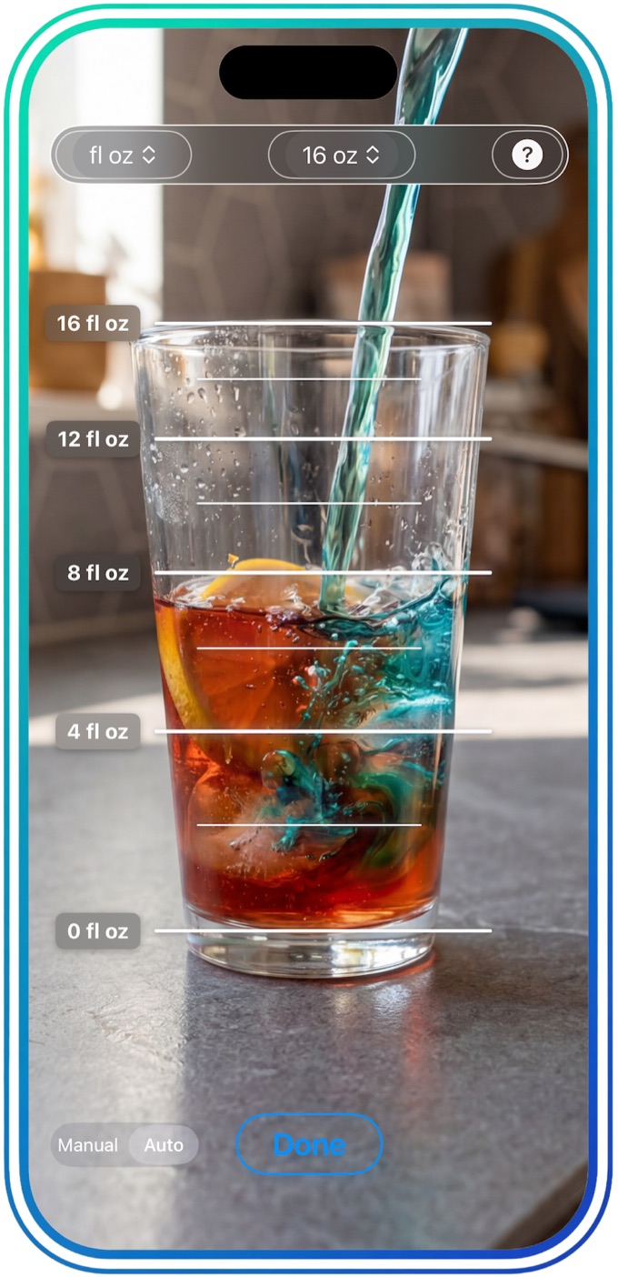 A pint glass on a counter with 0 to 16 fl oz measurement lines drawn across it.