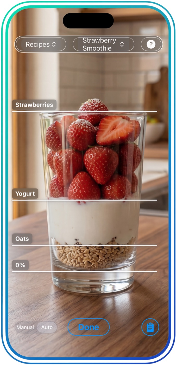 A saved Strawberry Smoothie recipe showing separate fill lines for oats, yogurt and strawberries.