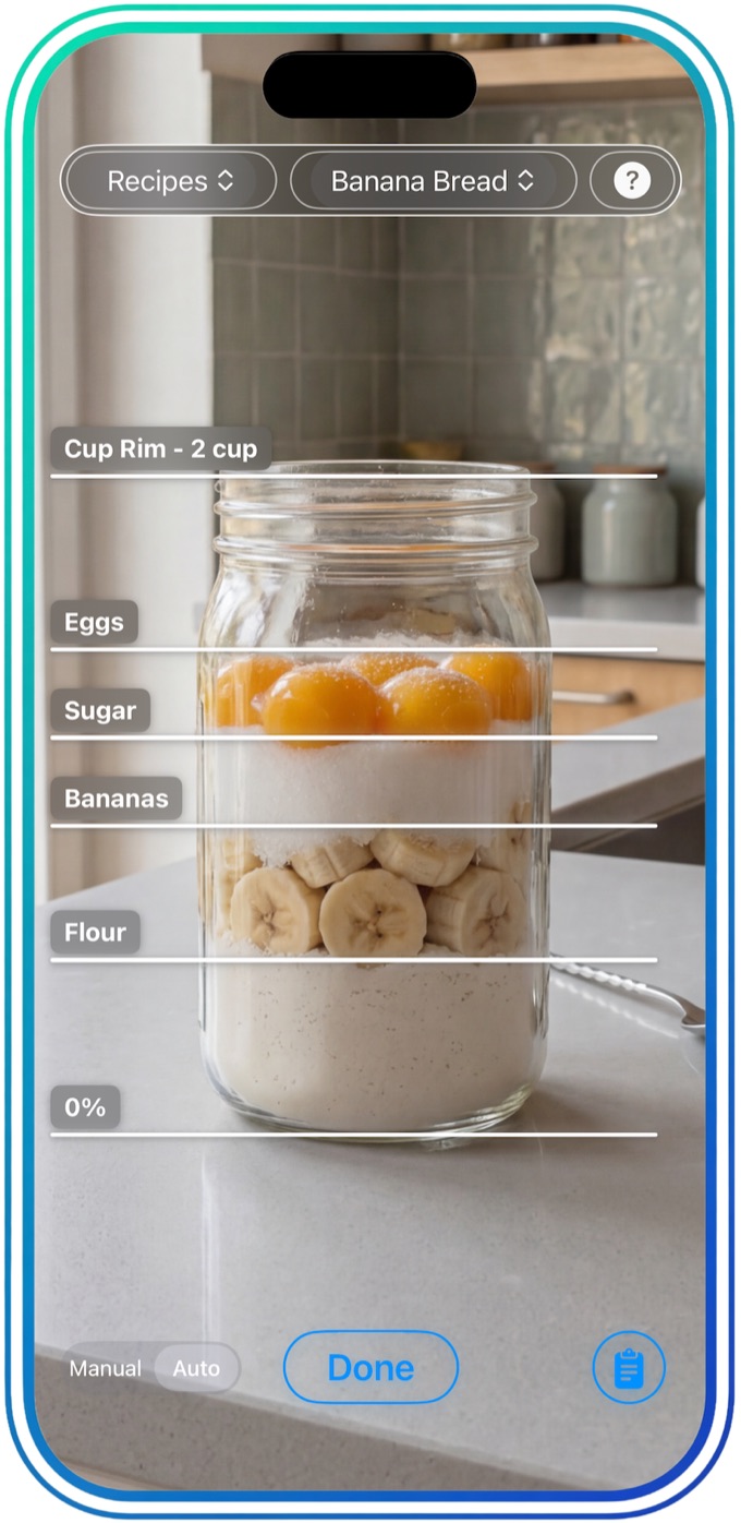 A Banana Bread recipe in a mason jar with fill lines for flour, bananas, sugar and eggs.