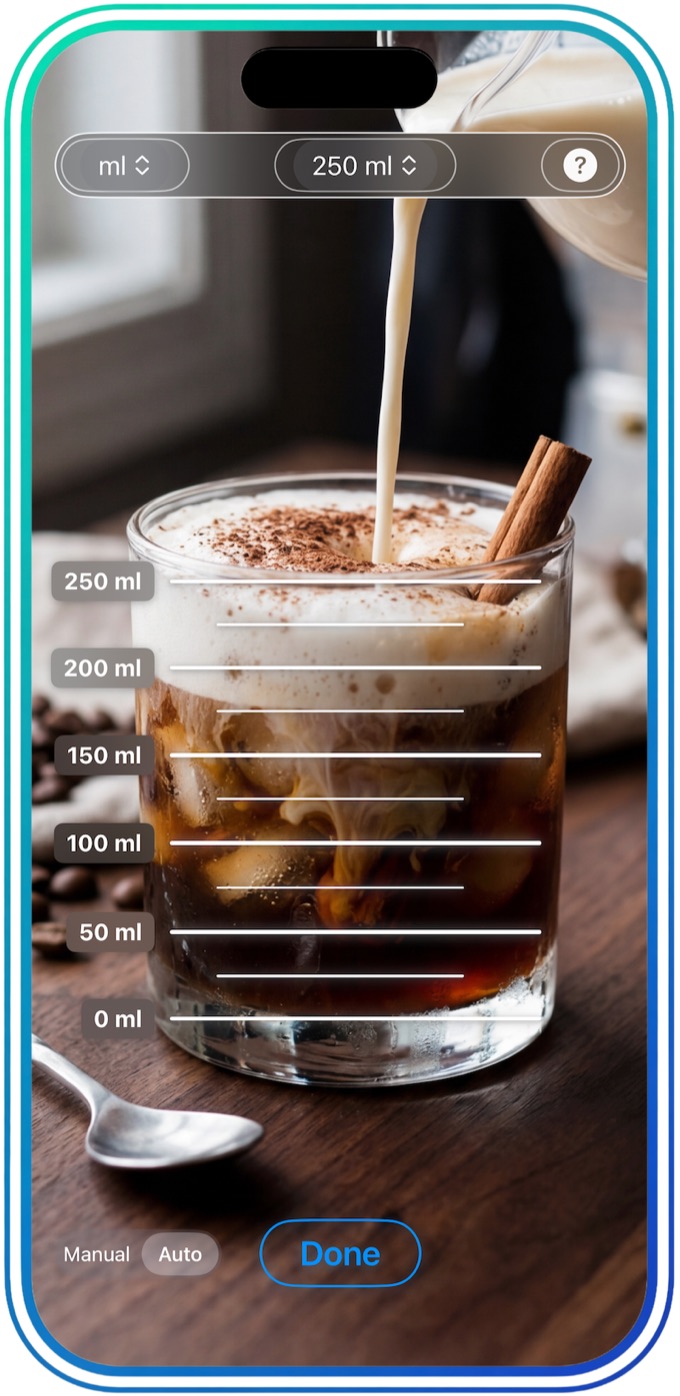 An iced latte being poured into a tumbler marked with 0 to 250 ml lines.